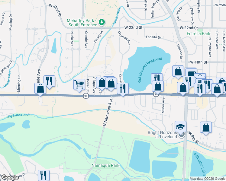 map of restaurants, bars, coffee shops, grocery stores, and more near 3201 West Eisenhower Boulevard in Loveland