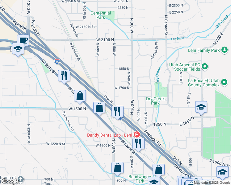 map of restaurants, bars, coffee shops, grocery stores, and more near 492 West 1700 North in Lehi