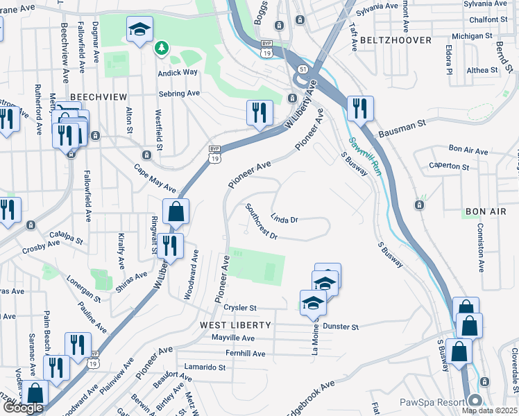 map of restaurants, bars, coffee shops, grocery stores, and more near 630 Larose Street in Pittsburgh