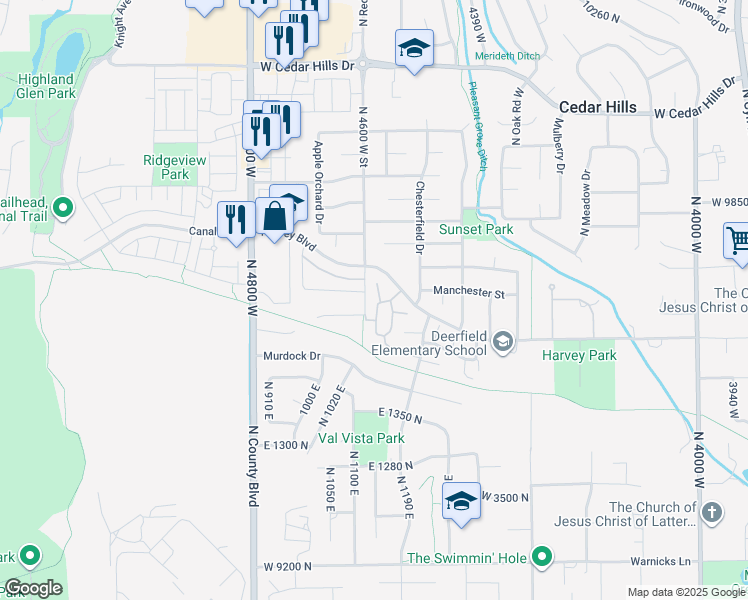 map of restaurants, bars, coffee shops, grocery stores, and more near 9681 Peach Court in Cedar Hills