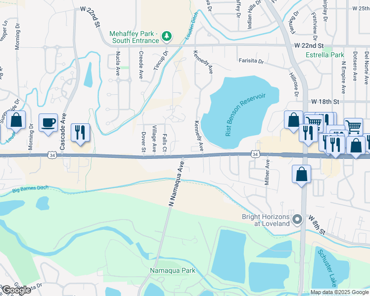 map of restaurants, bars, coffee shops, grocery stores, and more near 3201 West Eisenhower Boulevard in Loveland