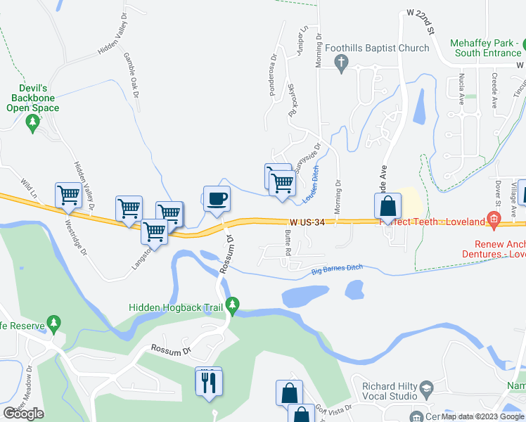 map of restaurants, bars, coffee shops, grocery stores, and more near 4321 W Eisenhower Blvd in Loveland