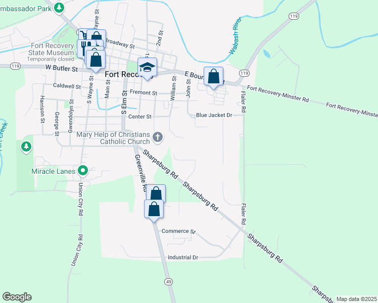 map of restaurants, bars, coffee shops, grocery stores, and more near 865 Sharpsburg Road in Fort Recovery