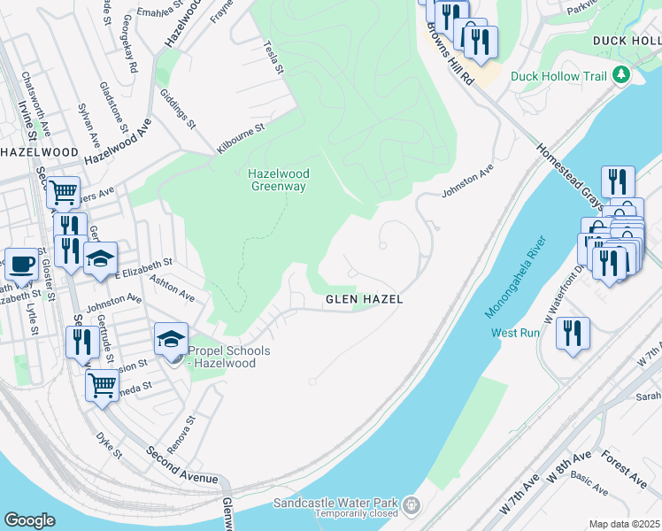map of restaurants, bars, coffee shops, grocery stores, and more near 955 Rivermont Drive in Pittsburgh