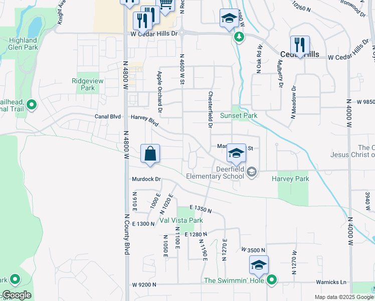 map of restaurants, bars, coffee shops, grocery stores, and more near 9681 Peach Court in Cedar Hills