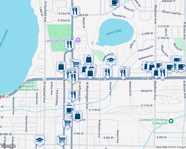map of restaurants, bars, coffee shops, grocery stores, and more near 1534 North Adams Avenue in Loveland