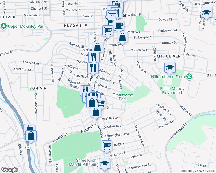 map of restaurants, bars, coffee shops, grocery stores, and more near 209 Rustic Avenue in Pittsburgh
