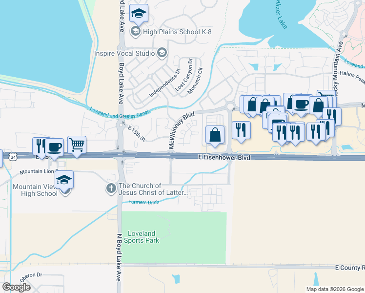 map of restaurants, bars, coffee shops, grocery stores, and more near 4208 McWhinney Boulevard in Loveland