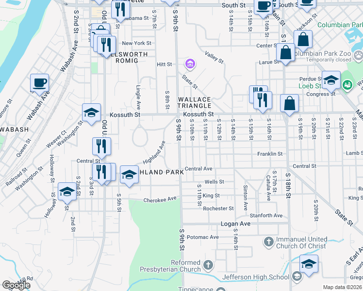 map of restaurants, bars, coffee shops, grocery stores, and more near 805 South 9th Street in Lafayette