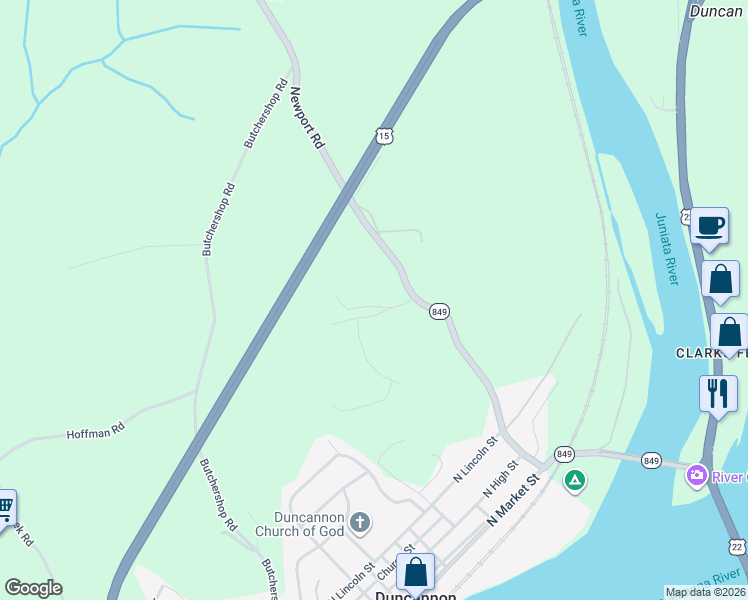 map of restaurants, bars, coffee shops, grocery stores, and more near 71 Newport Road in Duncannon