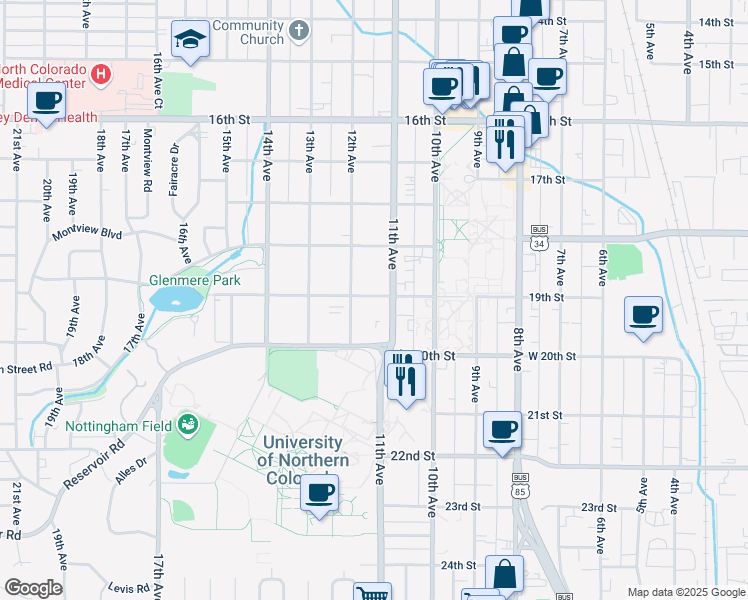 map of restaurants, bars, coffee shops, grocery stores, and more near 1861 11th Avenue in Greeley