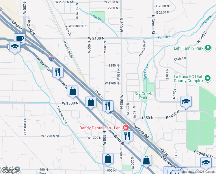 map of restaurants, bars, coffee shops, grocery stores, and more near 492 West 1700 North in Lehi