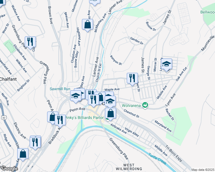 map of restaurants, bars, coffee shops, grocery stores, and more near 808 Grant Street in Turtle Creek