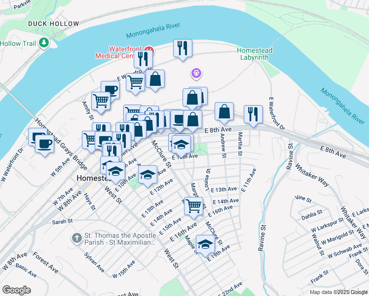 map of restaurants, bars, coffee shops, grocery stores, and more near 510 East 8th Avenue in Munhall