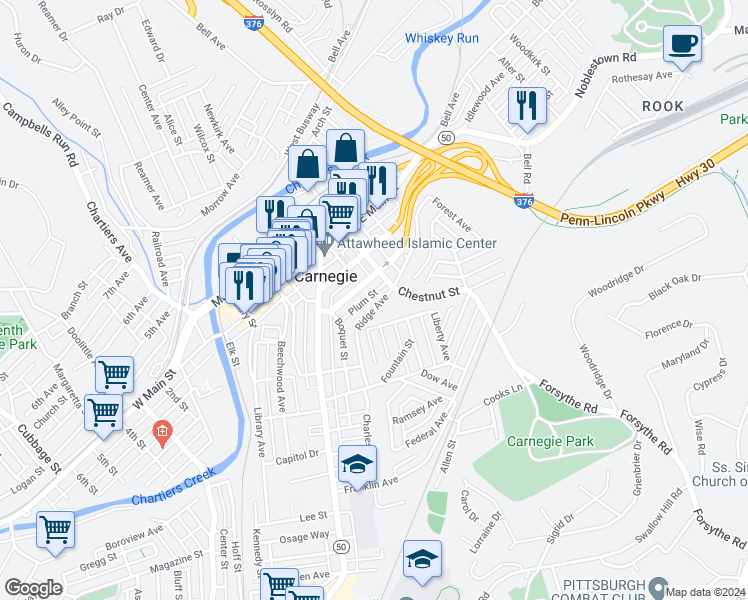 map of restaurants, bars, coffee shops, grocery stores, and more near 400 Lydia Street in Carnegie