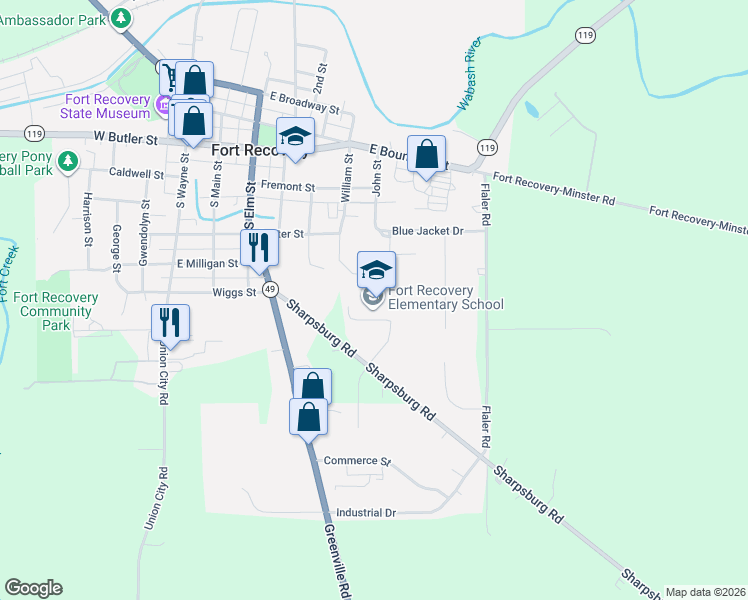 map of restaurants, bars, coffee shops, grocery stores, and more near 865 Sharpsburg Road in Fort Recovery