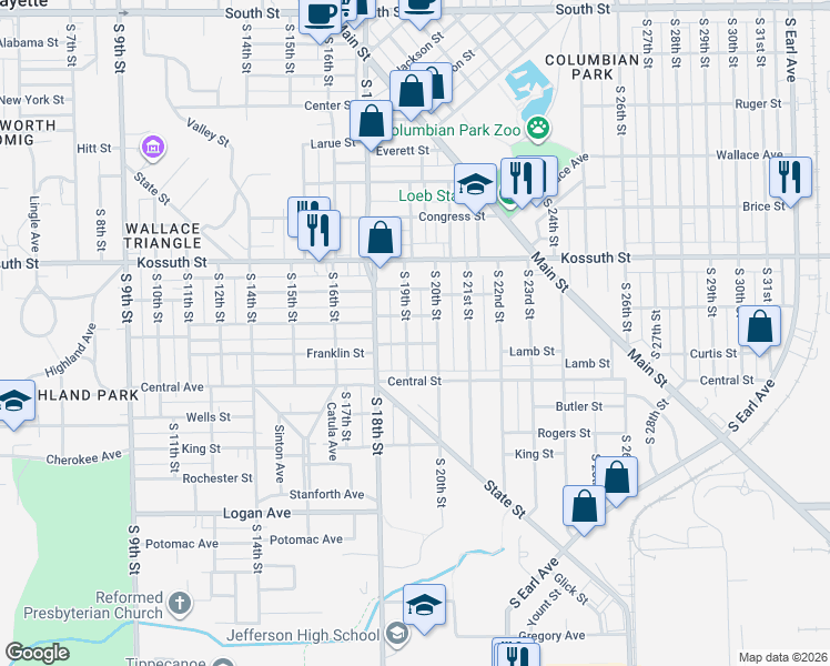 map of restaurants, bars, coffee shops, grocery stores, and more near 819 South 19th Street in Lafayette