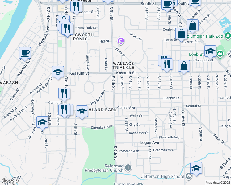 map of restaurants, bars, coffee shops, grocery stores, and more near 823 S 9th St in Lafayette