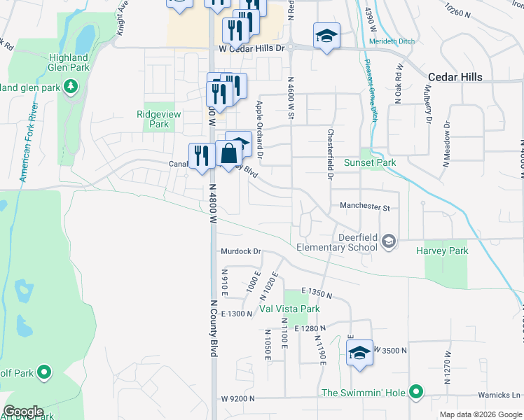 map of restaurants, bars, coffee shops, grocery stores, and more near 4675 Ferguson Way in Cedar Hills