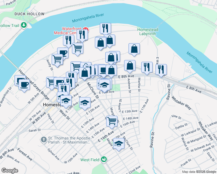 map of restaurants, bars, coffee shops, grocery stores, and more near 559 East 9th Avenue in Homestead