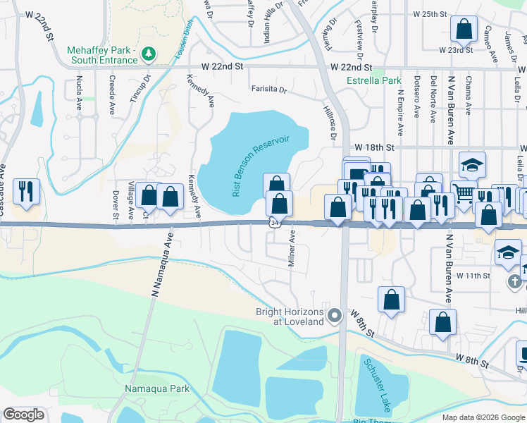 map of restaurants, bars, coffee shops, grocery stores, and more near 2717 West Eisenhower Boulevard in Loveland