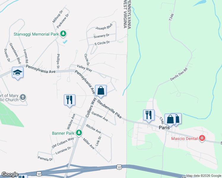 map of restaurants, bars, coffee shops, grocery stores, and more near 203 Gregory Street in Weirton