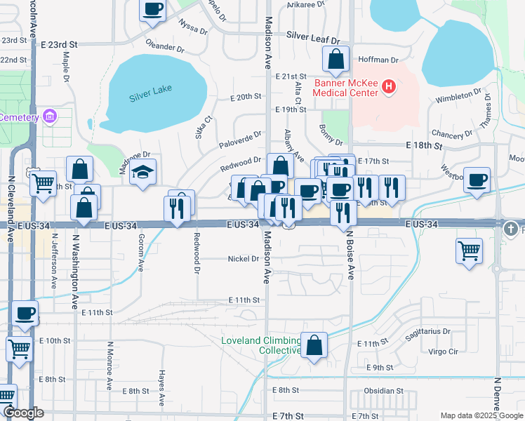 map of restaurants, bars, coffee shops, grocery stores, and more near 1215 East 15th Street in Loveland