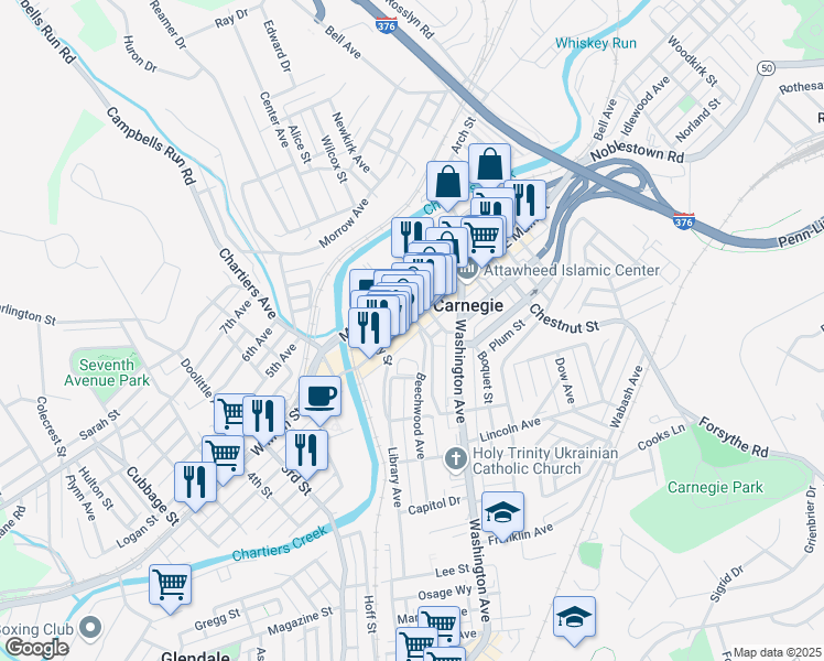 map of restaurants, bars, coffee shops, grocery stores, and more near 214 East Main Street in Carnegie