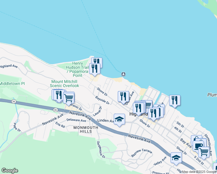 map of restaurants, bars, coffee shops, grocery stores, and more near 330 Shore Drive in Highlands