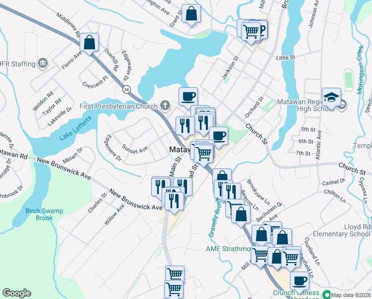 map of restaurants, bars, coffee shops, grocery stores, and more near in Matawan