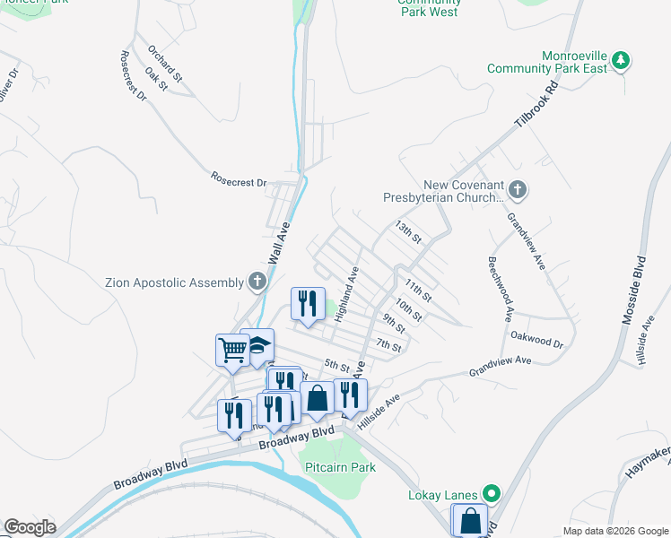 map of restaurants, bars, coffee shops, grocery stores, and more near 509 10th Street in Pitcairn