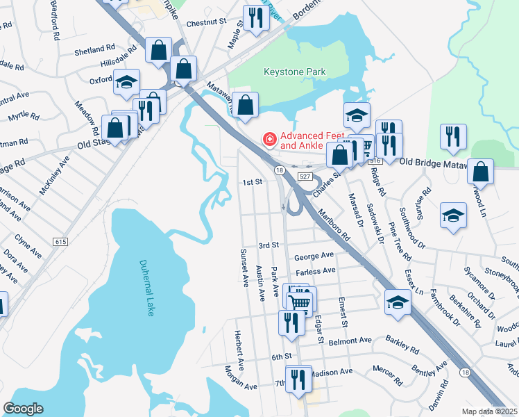 map of restaurants, bars, coffee shops, grocery stores, and more near 84 Park Avenue in Old Bridge