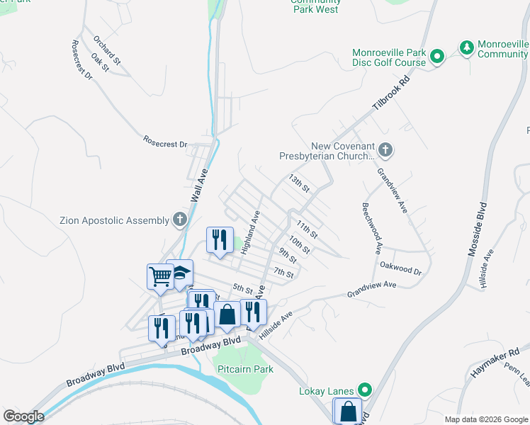 map of restaurants, bars, coffee shops, grocery stores, and more near 1021 Highland Avenue in Pitcairn