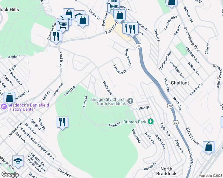 map of restaurants, bars, coffee shops, grocery stores, and more near 1055 Wolfe Avenue in Braddock