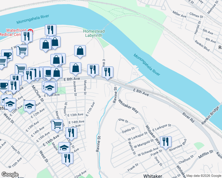 map of restaurants, bars, coffee shops, grocery stores, and more near 813 Hall Street in Munhall