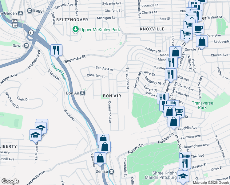 map of restaurants, bars, coffee shops, grocery stores, and more near 223 Camfield Street in Pittsburgh
