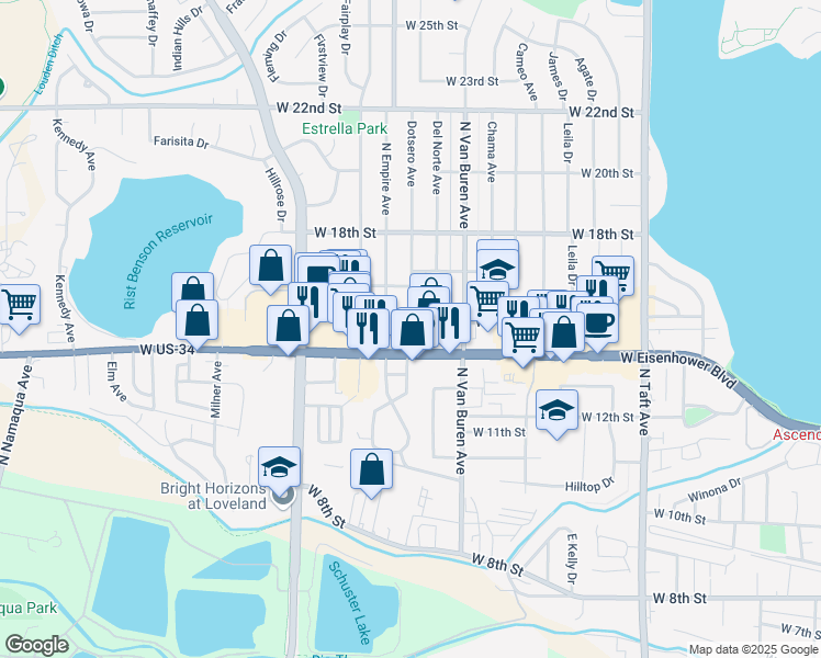 map of restaurants, bars, coffee shops, grocery stores, and more near 1503 Dotsero Avenue in Loveland