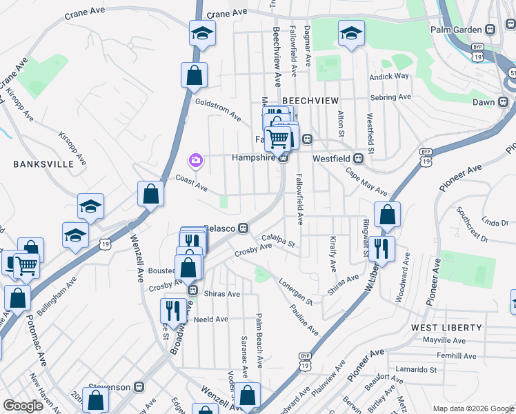 map of restaurants, bars, coffee shops, grocery stores, and more near 1702 Rutherford Avenue in Pittsburgh