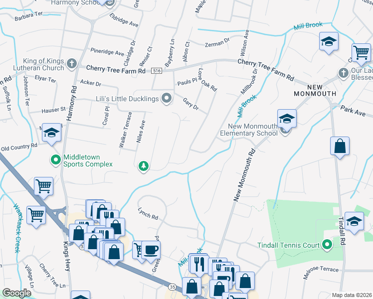 map of restaurants, bars, coffee shops, grocery stores, and more near 50 Lone Oak Road in Monmouth County