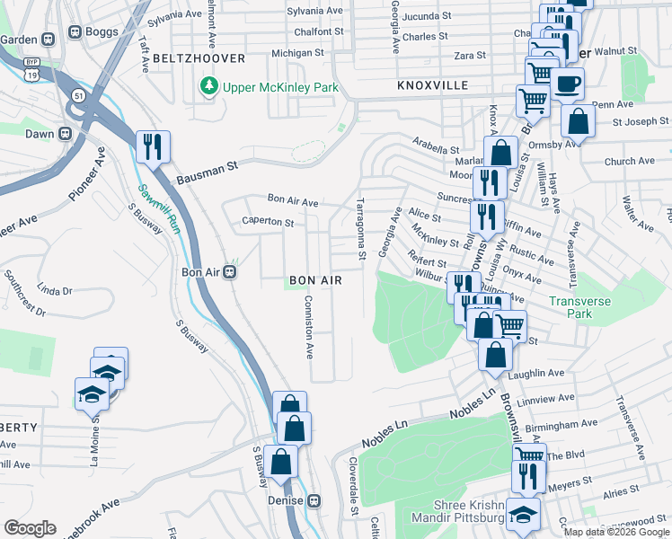 map of restaurants, bars, coffee shops, grocery stores, and more near 223 Camfield Street in Pittsburgh