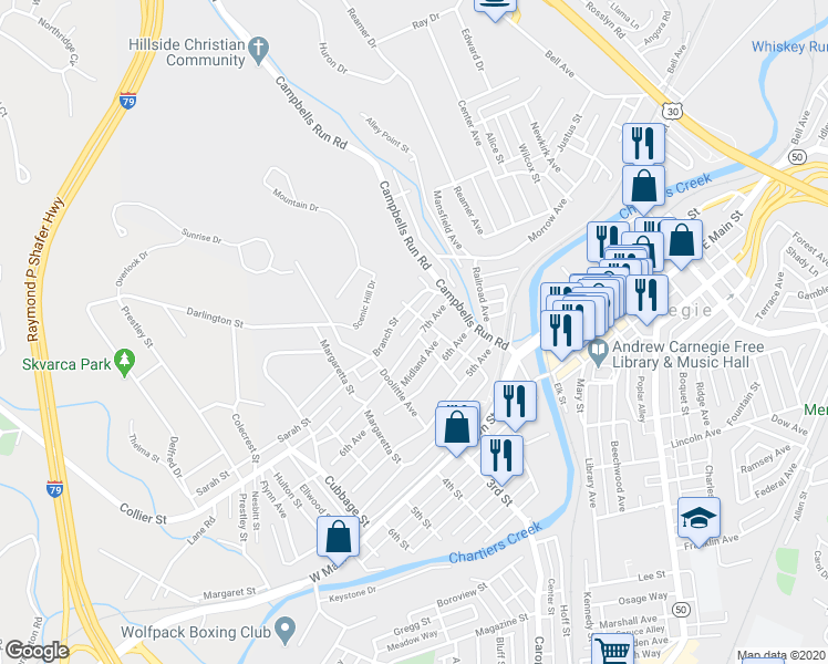 map of restaurants, bars, coffee shops, grocery stores, and more near 208 7th Avenue in Carnegie