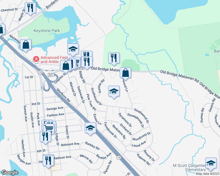 map of restaurants, bars, coffee shops, grocery stores, and more near 12 Grove Lane in Old Bridge