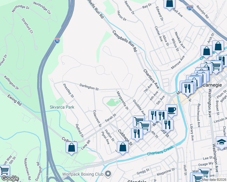 map of restaurants, bars, coffee shops, grocery stores, and more near 717 Darlington Street in Carnegie