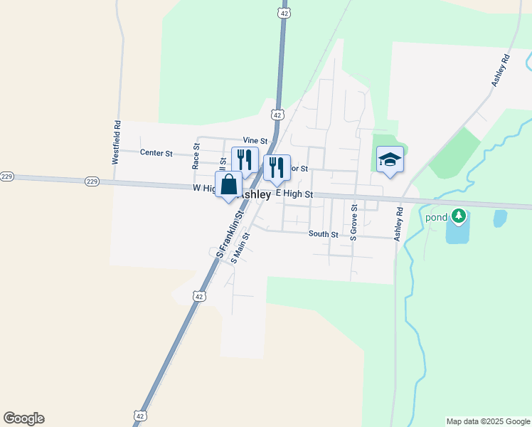 map of restaurants, bars, coffee shops, grocery stores, and more near 10 South Main Street in Ashley