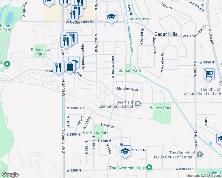 map of restaurants, bars, coffee shops, grocery stores, and more near 9691 Chesterfield Drive in Cedar Hills