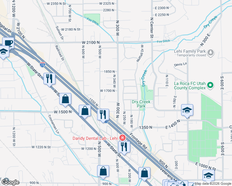 map of restaurants, bars, coffee shops, grocery stores, and more near 325 West 1700 North Street in Lehi