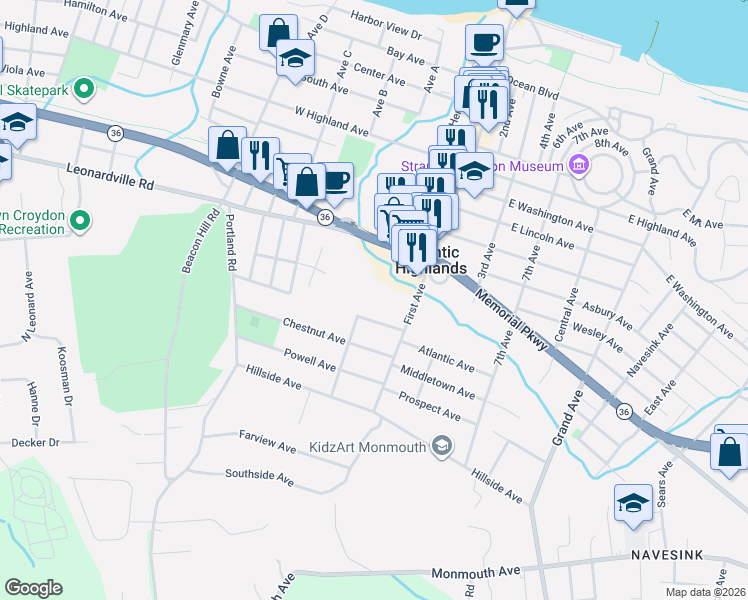 map of restaurants, bars, coffee shops, grocery stores, and more near 34 Oakland Avenue in Atlantic Highlands