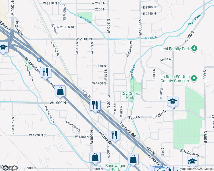 map of restaurants, bars, coffee shops, grocery stores, and more near 325 West 1700 North in Lehi