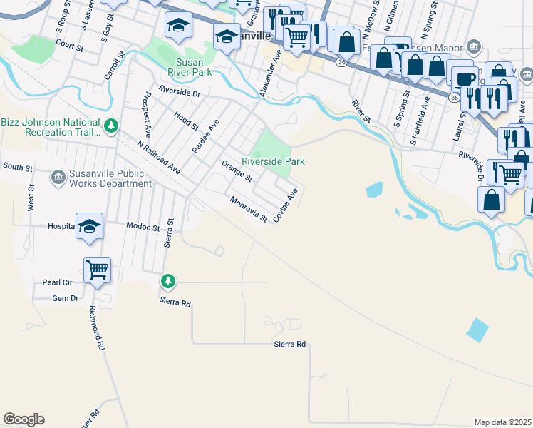 map of restaurants, bars, coffee shops, grocery stores, and more near 5 Upland Street in Susanville