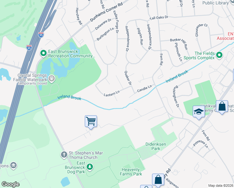 map of restaurants, bars, coffee shops, grocery stores, and more near 9 Lantern Lane in East Brunswick